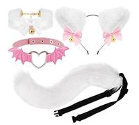 XEPST Cat Cosplay Costume Set Cat Ears and Animal Tail Kit, Faux Fur Furry Fox Wolf Tail Kit with Ears and Bells Collar for Anime Fancy Dress Party Role Play - White