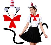 XEPST Cat Costume Set, Cat Ears and Tail Set with Red White Striped Top Hat Ear Headband and Red Bow Tie Black Tail for Adult Animal Costume Halloween Cosplay Birthday World Book Day Fancy Dress Party