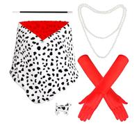 XEPST Dalmation Black White Coat Halloween Costume Dalmatian Shawl Scarf Women Red Gloves, Necklace Accessories Fancy Dress Costume