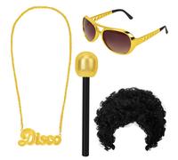 XEPST Disco Costume Set for Women - 4PCS Disco Accessories Set with Afro Wig Fake Karaoke Microphone Necklace Sunglasses for Unisex 50/60/70s Party Accessories Halloween Cosplay Carnival