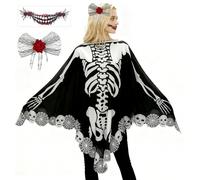 XEPST Halloween Skeleton Poncho Women - Day of The Dead Costumes with Black Skeleton Cape Skull Hair Clip Scary Mouth Tattoo Stickers for Adult Halloween Costumes Cosplay Carnival Fancy Dress Up