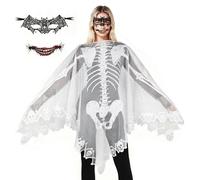 XEPST Halloween Skeleton Poncho Women - Day of The Dead Costumes with Lace Skeleton Cape Bat Mask Scary Mouth Tattoo Sticker for Adult Halloween Costumes Cosplay Carnival Fancy Dress Up, White