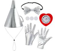 XEPST Halloween Tin costume Accessories Set - Silver Funnel Hat Costumes with Funnel Hat Metallic Bow Tie Gloves Heart Clock Brooch for Women Halloween Costumes Cosplay Carnival Fancy Dress Up