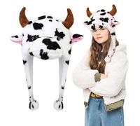XEPST Plush Cow Hat, 2-In-1 Hood Hat Scarf Faux Fur Animal Headwear Silly Hats for Kids Adults Costume Cosplay World Book Day Birthday Party Halloween Carnival