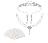 XEPST Regency Accessories for Women Regency Theme Victorian Tea Party | Includes Pearl Necklace&Earrings&Gloves&Tiara Folding Fan Idea for Wedding Tea Party Halloween Birthday
