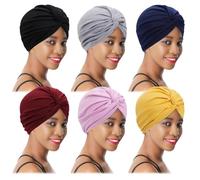 XEPST Turbans for Women, 6 Pieces Soft Pre Tied Knot Turban Head Wraps Chemo Headwear Pleated Beanie Cap Sleep Hat Hair Loss Hat Chemo Cancer Cap for Women