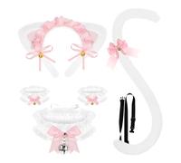 XEPST White Cat Cosplay Costume Set Cat Ears and Animal Tail Kit, Maid Lolita Cosplay Costume Set with Cat Ear Headband Neck Choker Hand Circle Cat Tail for Halloween Role Play Party Accessories