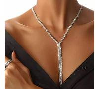Xerling Rhinestones Tassel Choker Tennis Necklaces for Women Wedding Layered Crystal Y-Necklaces Pearl Bar Pendant Necklaces Elegant for Girls Party (Silver)