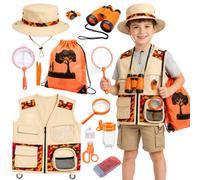 Xerteam 11 Pcs Explorer Costume Kids Bug Explorer Kit for Boy Girls 3-7 with Safari Vest Pockets, Hat, Telescope, Backpack, Bug Catcher Kit, Outdoor Camping Adventure Explorer Fancy Dress Set