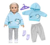 Xerteam 14-18 Inch Doll Clothes with Cute Elephant Pattern, 4 Pcs Baby Dolls Clothes for 35-43 cm Boy/Girl Doll, Sweet Doll Outfits and Accessories Hoodies Pants Hangers Socks, Gift for Kids(Blue)