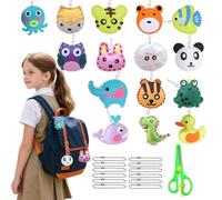 Xerteam 15 Pcs Animal Kids Sewing Kit, Fuzzy Felt Craft Kit, Sewing for Kids with 15 Craft Felts Keychains Animal Shape Template Plastic Needles Thread for DIY Cute Pendant, Tiger Bunny Duck Fox Whale