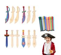 Xerteam 16-Piece Wooden Pirate Sword Set, Children's Pirate Wooden Sword, with 12 Watercolor Pencils, Pirate Wood Painting Sword for Children, Perfect for Costumes, Scavenger Hunts, Parties