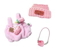Xerteam 17cm Mini Plush Monster Doll Clothes, 1 Suspender with Milk Bottle Clip + Handbag Pendant + Plush Hat, Sweet Doll Outfit, Kids Dress Up Doll Gift (Pink)