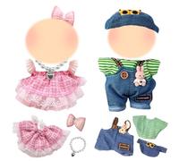 Xerteam 2 Sets Sweet 17cm Plush Dolls Clothes, Pink Plaid Gauze Skirt + Hairpin + Pearl Necklace, Green Striped Shirt + Rabbit Overalls + Sun Hat, 6 Pcs Doll Clothes Accessories for Girls Boys Gift