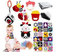 Xerteam 20 Pcs Black and White Sensory Toys, Newborn to 6 Months, Montessori Baby Sensory Toy Set with Plush Rattle, Wrist Rattle, Teether, Scarf, Foil Blanket & More