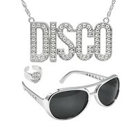 Xerteam 3Pcs Disco 60s 70s Clothing Accessory Set, Disco Chain Necklace, Sunglasses, Dollar Sign Ring, 70s Jewelry Costume for Men Women Halloween Dress Up Birthday Party, Standard, Porcelain, No