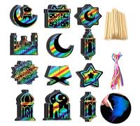 Xerteam 48pcs Ramadan Scratch Art for Kids, Ramadan Activities Eid Gifts for Kids, Rainbow Scratch Art Set Mosque Star Moon Shaped for Ramadan Ornaments, DIY Islamic Gifts
