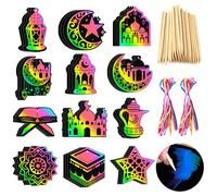 Xerteam 48Pcs Ramadan Scratch Crafts for Kids, Eid Scratch Art Ramadan Gifts for Kids, Rainbow Scratch Paper Art Lantern Mosque Star Moon Shaped Scratch Off Cards, Ramadan Ornaments Islamic Gifts