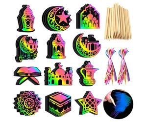 Xerteam 48Pcs Ramadan Scratch Crafts for Kids, Eid Scratch Art Ramadan Gifts for Kids, Rainbow Scratch Paper Art Lantern Mosque Star Moon Shaped Scratch Off Cards, Ramadan Ornaments Islamic Gifts