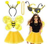 Xerteam 5 Pcs Bee Costume Set, bee Bumble Costume Adult with Yellow Tutu Bee Wings Headband Striped Glasses Necklace Fancy Dress Women for Role Playing World Book Day Halloween Christmas Party