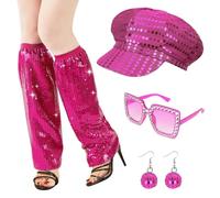 Xerteam 5Pcs 70s Disco Accessories, Abba Hat Abba Accessories, 70s Fancy Dress Women Accessories with Sequin Hat Sunglasses Earrings Leg Warmers Kit for Women Retro 70 Theme Party Hippie Costume