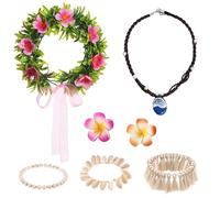 Xerteam 6 Pcs Princess Costume Accessories Set for Women Include Ocean Pendant Hawaii Flowers Garland Flower Hair Clips Boho Shell Anklet Hawaiian Party Dress Up Costume Accessories Party