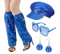 Xerteam 6Pcs 70s Disco Accessories, 70s Fancy Dress Women Accessories, Sequin Hat Frame Bling Sunglasses Earrings Leg Warmers, Disco Costume Set for Women Retro 70 Theme Party Hippie Costume