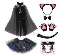 Xerteam 8 Pcs Cat Costumes for Kids, Cat Halloween Costume for Girls, Luminous Tutu, Cloak, Cat Ears, Headband, Paw Gloves, Tail, Bowtie, Face Stickers, Animal Dress Up Kids for Halloween Carnival