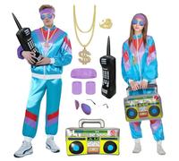 Xerteam 80s 90s Fancy Dress Men Women Shell Suits, Sportswear Jacket, Pant, Headband, Wristbands, Glasses, Hip Hop Accessories, Retro 1980s Outfit Adult for Party Carnival Rave (Blue, M)