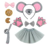 Xerteam 9 Pcs Rat Costume Set, Mouse Ears Headband, Tutu, Nose, Pink&Gray Bow Ties, Claw Gloves, Tail, Cookie Stickers, Animal Costume Kids Adult for Halloween Party World Book Day