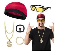 Xerteam 90s Rapper Fancy Dress Accessories Set for Men,5 Pcs Ali Rapper G Costume- Hat, Glasses, Gold Chain, Bracelet & Beard, Funny Hip Hop Halloween Stag Do Costume (Red)