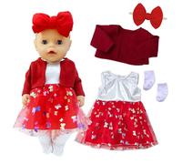 Xerteam Baby Doll Clothes for 14-18 Inch Dolls, Outfits Red Coat Yarn Dress Socks Butterfly Headband for 36-43cm Doll, Dolls Clothes Accessories as Festival and Birthday Gift for Kids