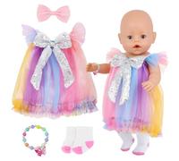 Xerteam Baby Doll Clothes for 14-18 Inch Girl Doll, Rainbow Tulle Dress Glitter Bow with HairClip, Butterfly Pearl Bracelet, Pink Socks, 35-45cm Doll Outfit Sweet Party Style Clothes Gift for Children