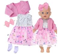Xerteam Baby Dolls Clothes for 14-18Inch Baby Doll, Pink Tulle Dress with Glitter Butterfly Pattern, Accessories Knitted Jacket Socks & Bow Headband for 35-45cm Girl Doll, Suit for Birthday Gift
