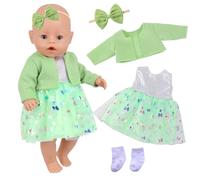 Xerteam Doll Clothes for 14-18 inch Baby Dolls, Sweet Doll Clothes 35-43 cm, Green Tulle Skirt Coat Socks Headband, Baby New Born Doll Outfit, Cute Girl Birthday Gift