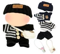 Xerteam Doll Clothes for 17cm Plush Doll, 6 Pcs Black Sweater Pullover Headwear & Bags for Dolls, Plush Doll Clothes & Accessories Cute Sweet Outfit for Girls Boys Gift (No Doll)