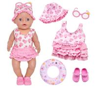 Xerteam Doll Clothes Summer Swimming Set for Dolls, Doll Swimsuit, Swim Ring, Sunglasses, Shoes Compatible with 35-45 cm Born Baby Dolls, 5-Piece Duck Print Swimming Set Girls Gift
