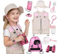 Xerteam Explorer Costume Kids, 11Pcs Safari Costume Paleontologist Costume with Explorer Hat, Vest, Binoculars, Butterfly Net, Outdoor Children's Camping Equipment for 3-10 Year Old Boys, Toy Gift