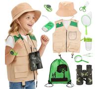 Xerteam Explorer Costume Kids, 11Pcs Safari Costume Paleontologist Costume with Explorer Hat, Vest, Binoculars, Butterfly Net, Outdoor Children's Camping Equipment for 3-10 Year Old Boys, Toy Gift