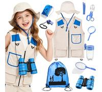 Xerteam Explorer Costume Kids, 11Pcs Safari Costume Paleontologist Costume with Explorer Hat, Vest, Binoculars, Butterfly Net, Outdoor Children's Camping Equipment for 3-10 Year Old Boys, Toy Gift
