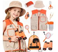 Xerteam Explorer Costume Kids, 11Pcs Safari Paleontologist Costume with Explorer Hat, Vest, Binoculars, Butterfly Net, Outdoor Children's Camping Equipment for 3-10 Year Old Boys, Toy Gift