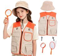 Xerteam Explorer Costume Kids Bug Explorer Kit, with Orange-Khaki Vest Safari Hat Bug Catcher Net Magnifying Glass, Explorer Outfit Fancy Dress for Boys Girls 3-9Y Outdoor Camping Adventure