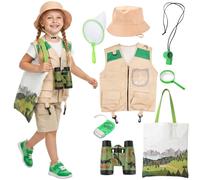 Xerteam Explorer Costume Kids Bug Explorer Kit, with Vest Safari Hat Binoculars Handbag Flashlight, Explorer Outfit Fancy Dress Set for Boys Girls 3-9Y Outdoor Camping Adventure Nature Learning