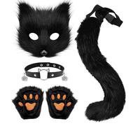 Xerteam Faux Fur Fox Costume, Fluffy Cat Wolf Cosplay Costume Set Plush Fox Tail Mask Bells Necklace Gloves, Suitable for Halloween Carnival Christmas Cosplay Parties (Black)