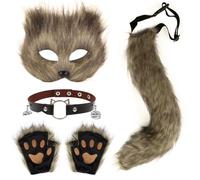 Xerteam Faux Fur Fox Costume, Fluffy Cat Wolf Cosplay Costume Set Plush Fox Tail Mask Bells Necklace Gloves, Suitable for Halloween Carnival Christmas Cosplay Parties (Camel)