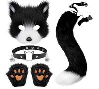 Xerteam Faux Fur Fox Costume, Fluffy Cat Wolf Cosplay Costume Set Plush Fox Tail Mask Bells Necklace Gloves, Suitable for Halloween Carnival Christmas Cosplay Parties (Black+white)