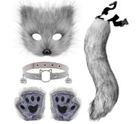 Xerteam Faux Fur Fox Costume, Fluffy Cat Wolf Cosplay Costume Set Plush Fox Tail Mask Bells Necklace Gloves, Suitable for Halloween Carnival Christmas Cosplay Parties (Grey)