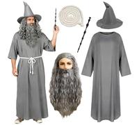 Xerteam Gray Wizard Costume Adults, Medieval Wizard Fancy Dress Outfit Wizard Costume with Wizard Robe Belt Wig Long Beard Hat Wand for Halloween Carnivals Cosplay Party