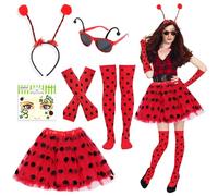 Xerteam Lady Bug Costume Girls Adult, Ladybird Costume Accessories Set, Red Tutu (40cm/15.75in) Bug Sunglasses Headband Leg Warmers Fingerless Gloves Face Stickers, Animal Fancy Dress for Age 6+