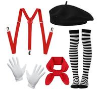 Xerteam Mime Costume Women Men, Pantomime Fancy Dress, Carnival Mime Art Costume Black Beret Red Scarf Black and White Striped Stockings Gloves Suspenders, Carnival World Book Day Costumes